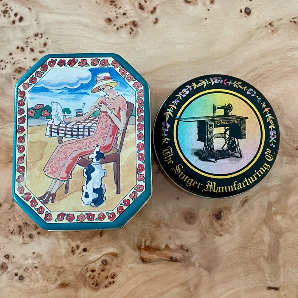 set of 2 Vintage Decorative Tins sewing room singer sewing storage organization